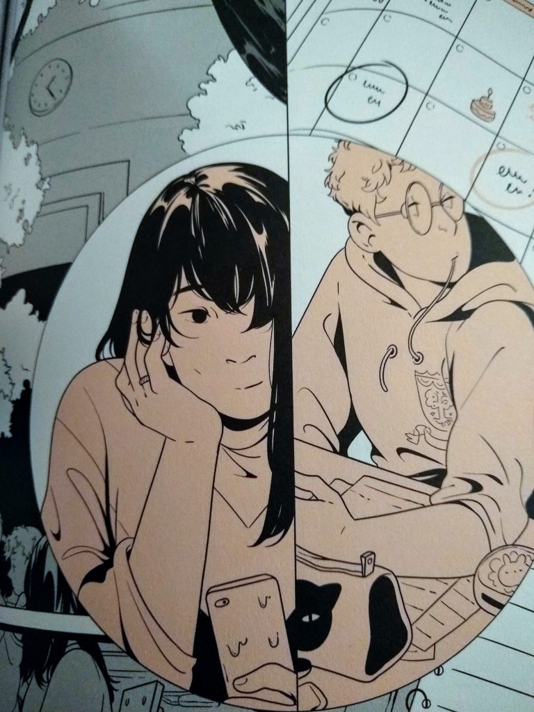 comics panel of one girl sitting in class texting and another girl chewing on the drawstrings of her hoodie